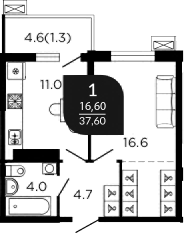 Планировка 37.4 м²