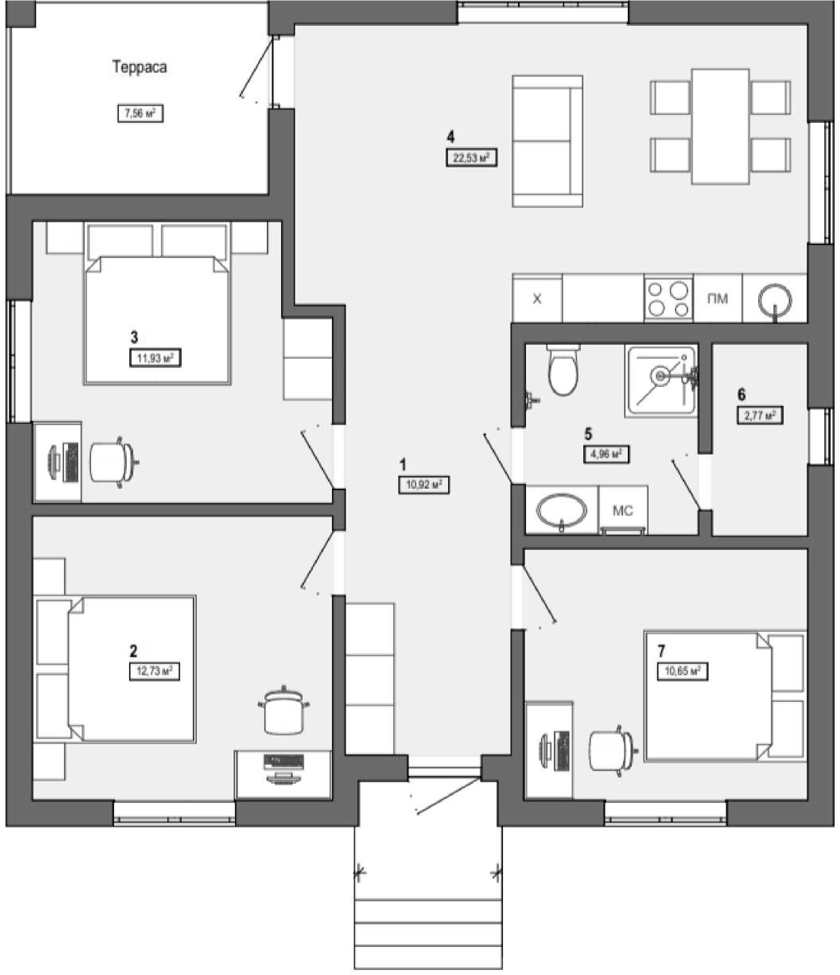Планировка 76.44 м²