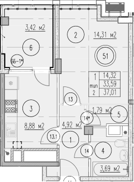 1-комн. · 33.59 м²