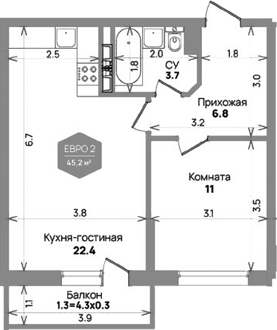 Планировка 43.9 м²