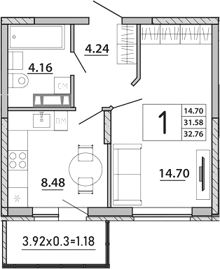 Планировка 31.58 м²