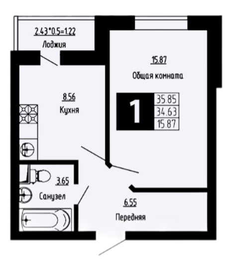 Продается 1-комн. квартира, 34.63 м²