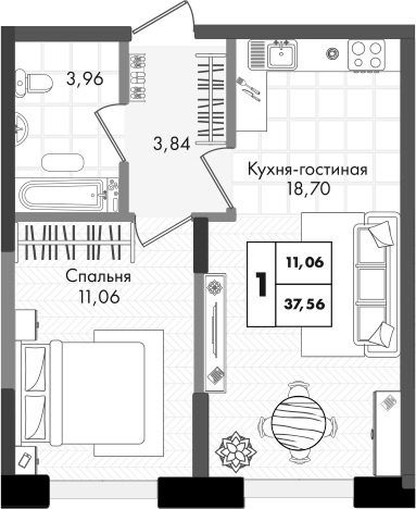 Планировка 37.56 м²