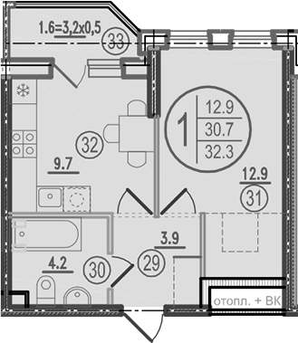 Планировка 30.7 м²