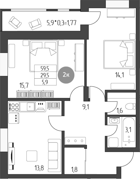 Продается 2-комн. квартира, 59.2 м²