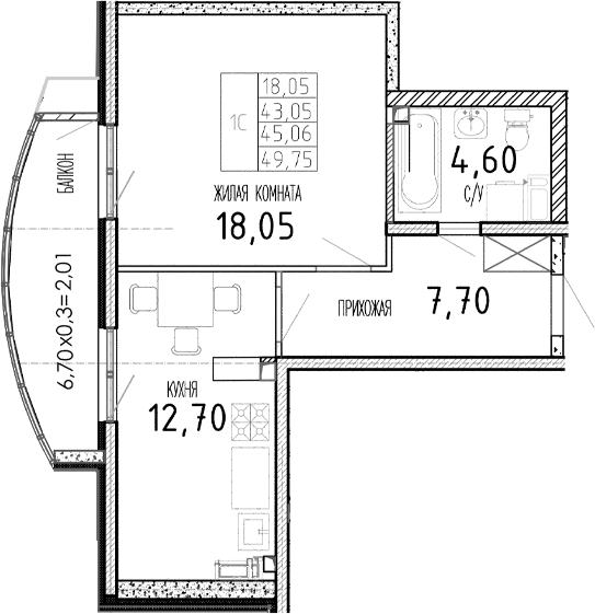 Планировка 43.05 м²