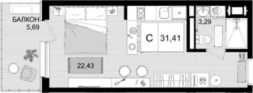 Студия · 25.72 м²