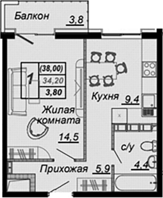 Планировка 33.5 м²
