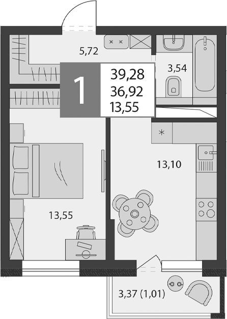 Планировка 35.91 м²