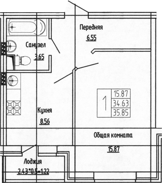 Продается 1-комн. квартира, 34.63 м²