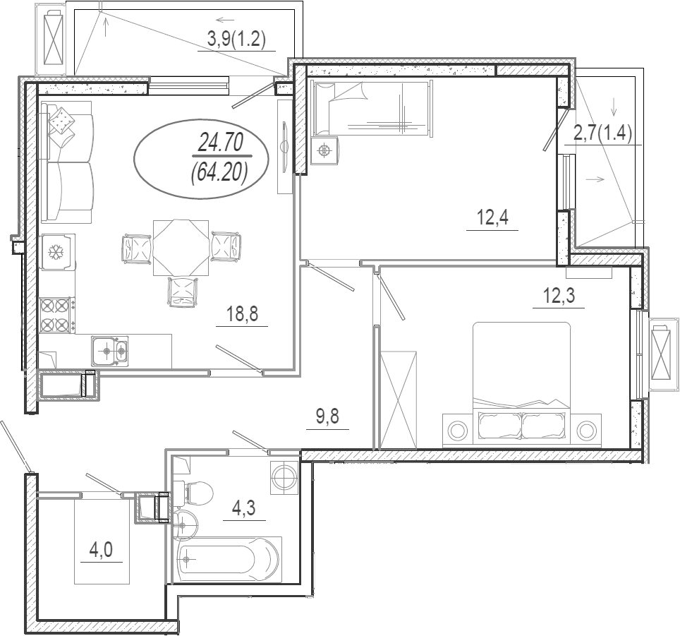 Планировка 61.6 м²