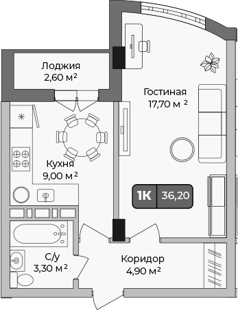 1-комн. · 34.9 м²