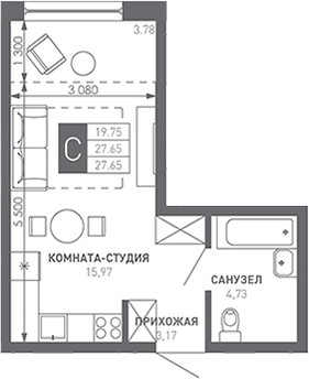 Студия · 27.65 м²