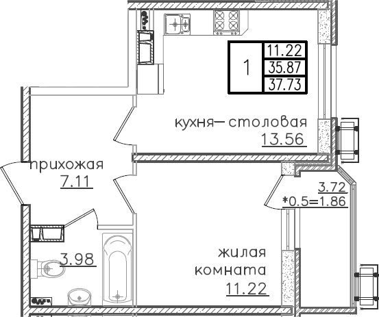 Продается 1-комн. квартира, 35.87 м²