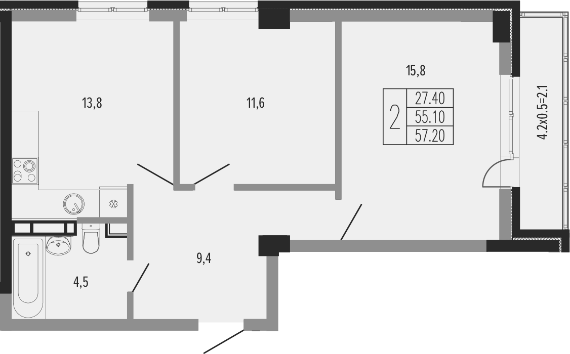 Продается 2-комн. квартира, 56.55 м²