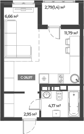 Продается 1-комн. квартира, 25.57 м²