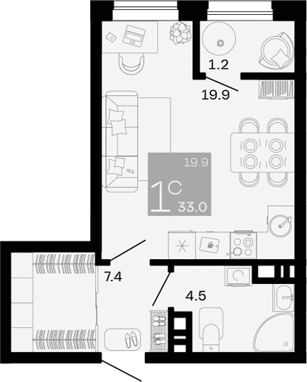Студия, 31.8 м²