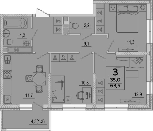 Продается 3-комн. квартира, 62.2 м²