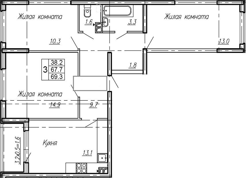 Продается 3-комн. квартира, 67.7 м²