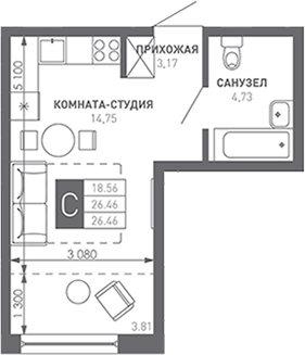 Студия · 26.46 м²
