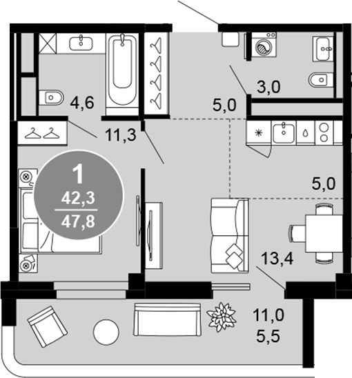 Планировка 42.3 м²