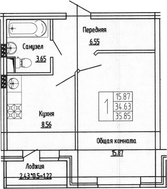Продается 1-комн. квартира, 34.63 м²
