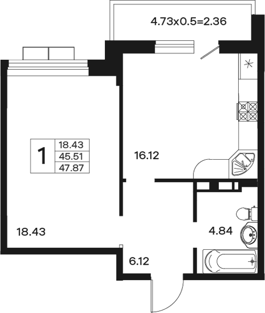 Планировка 45.51 м²