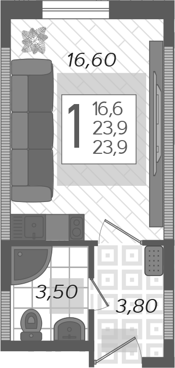 Студия, 23.9 м²