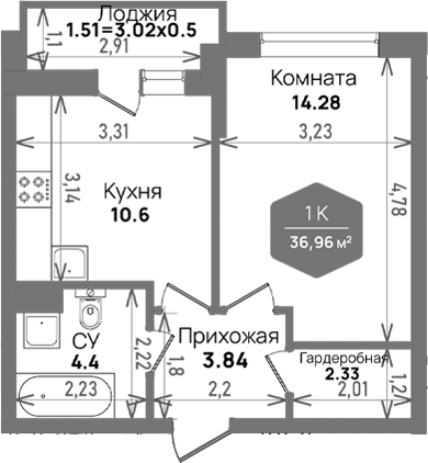 Планировка 35.45 м²