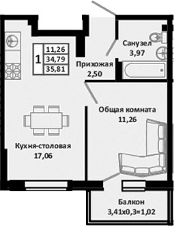 Планировка 34.7 м²