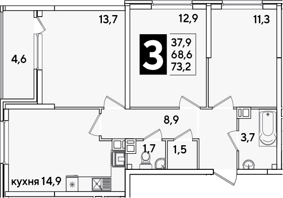 Продается 3-комн. квартира, 68.6 м²