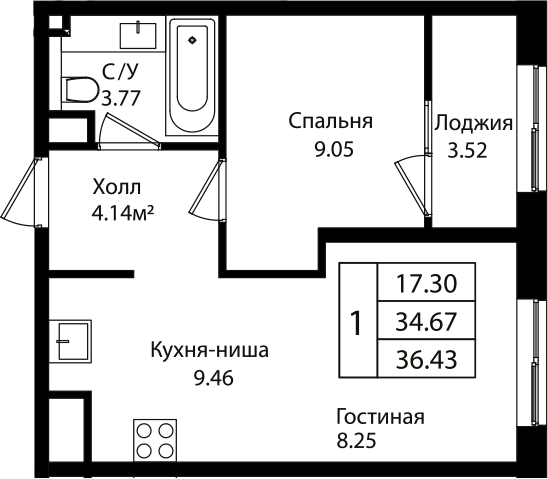 Планировка 34.44 м²