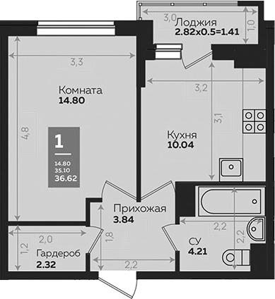 Планировка 35.21 м²