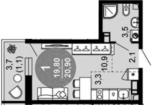 Студия · 19.8 м²