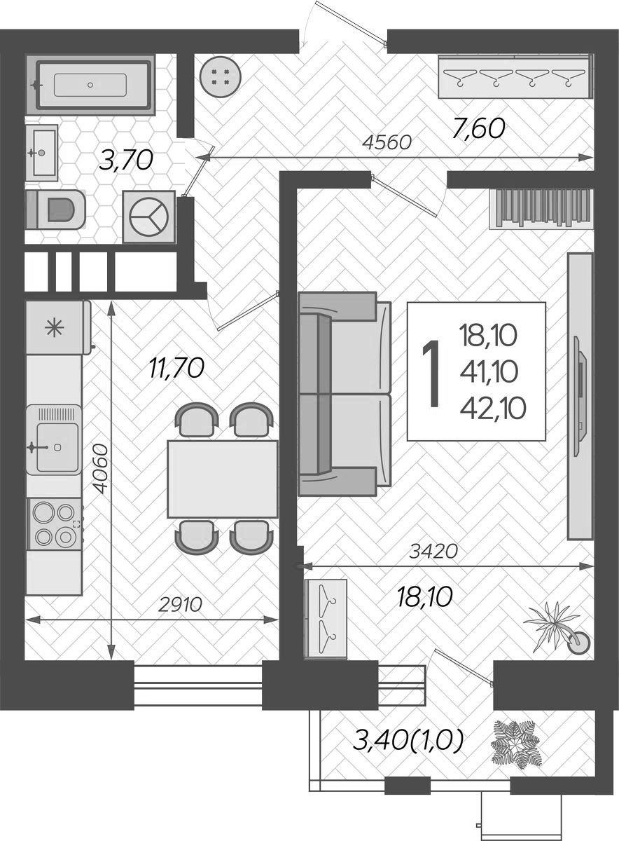 Планировка 41.1 м²