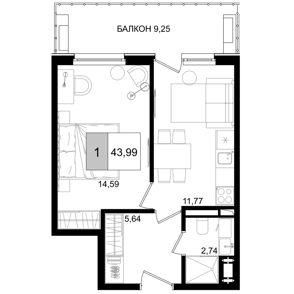 Планировка 34.74 м²