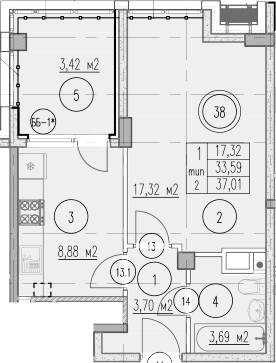 1-комн. · 33.59 м²