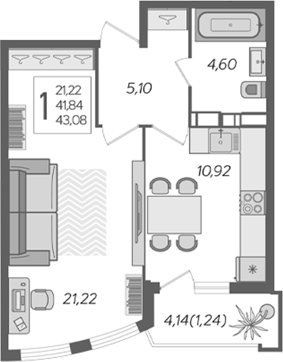 Планировка 44.47 м²