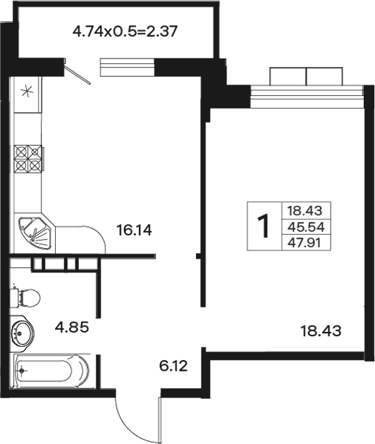 Планировка 45.54 м²