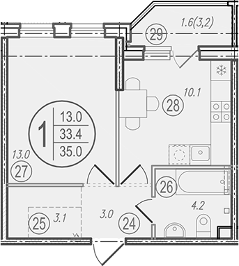 Продается 1-комн. квартира, 33.4 м²