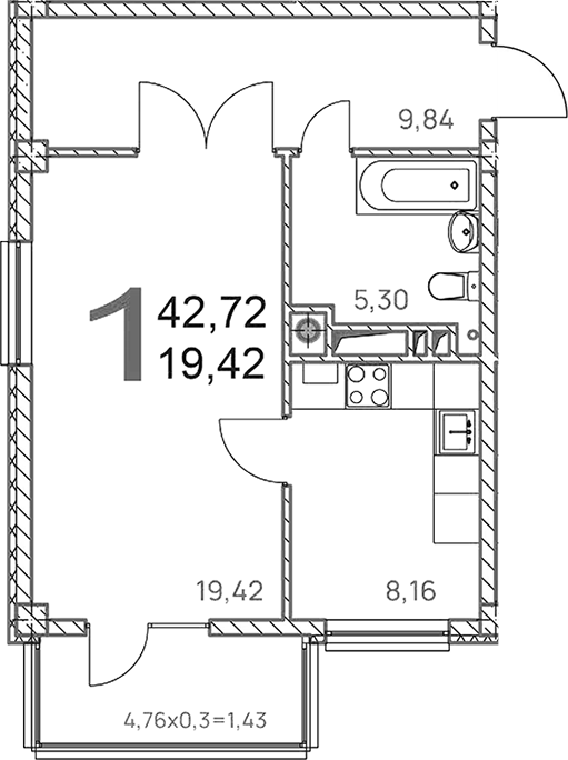 Продается 1-комн. квартира, 41.29 м²