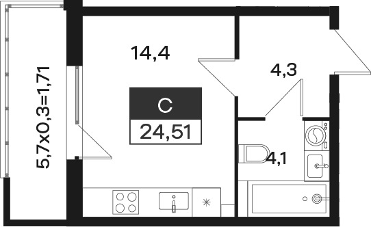 Студия, 22.8 м²
