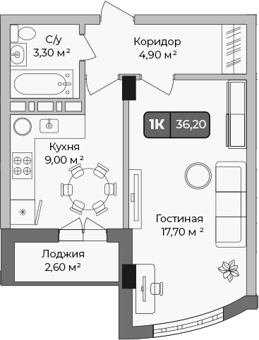 1-комн., 34.9 м²