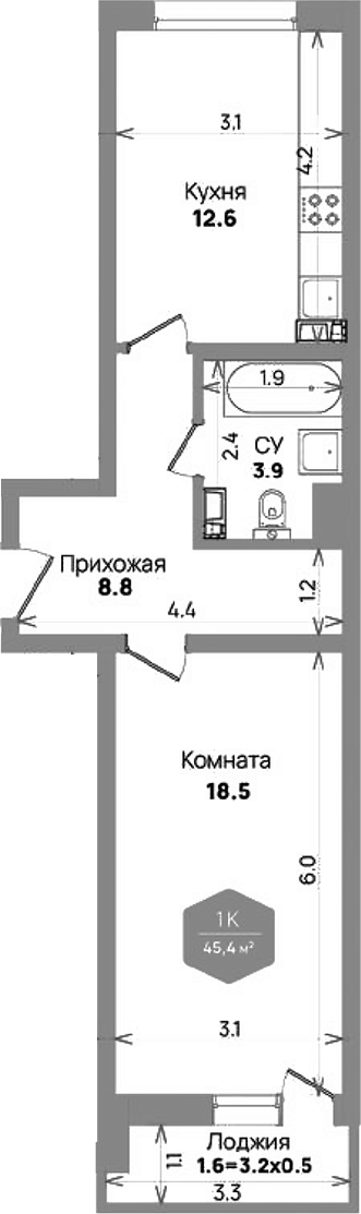 Планировка 43.8 м²