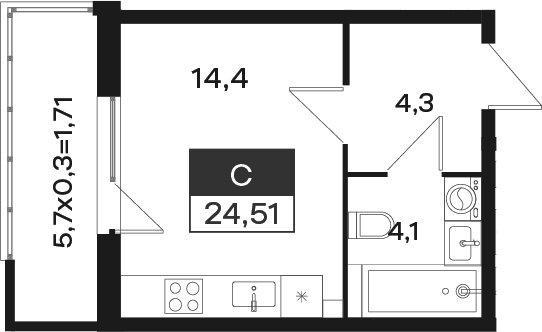 Студия, 22.8 м²