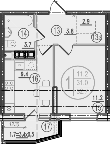 1-комн. · 31 м²