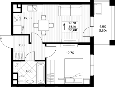 Планировка 35.1 м²