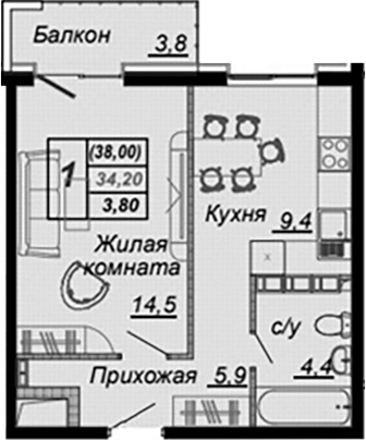 Планировка 33.6 м²