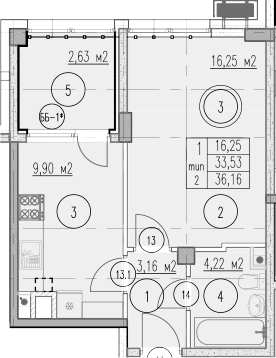 Планировка 33.53 м²