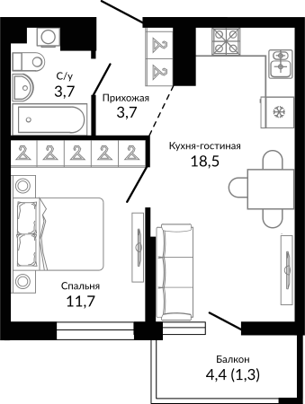 Планировка 38.75 м²